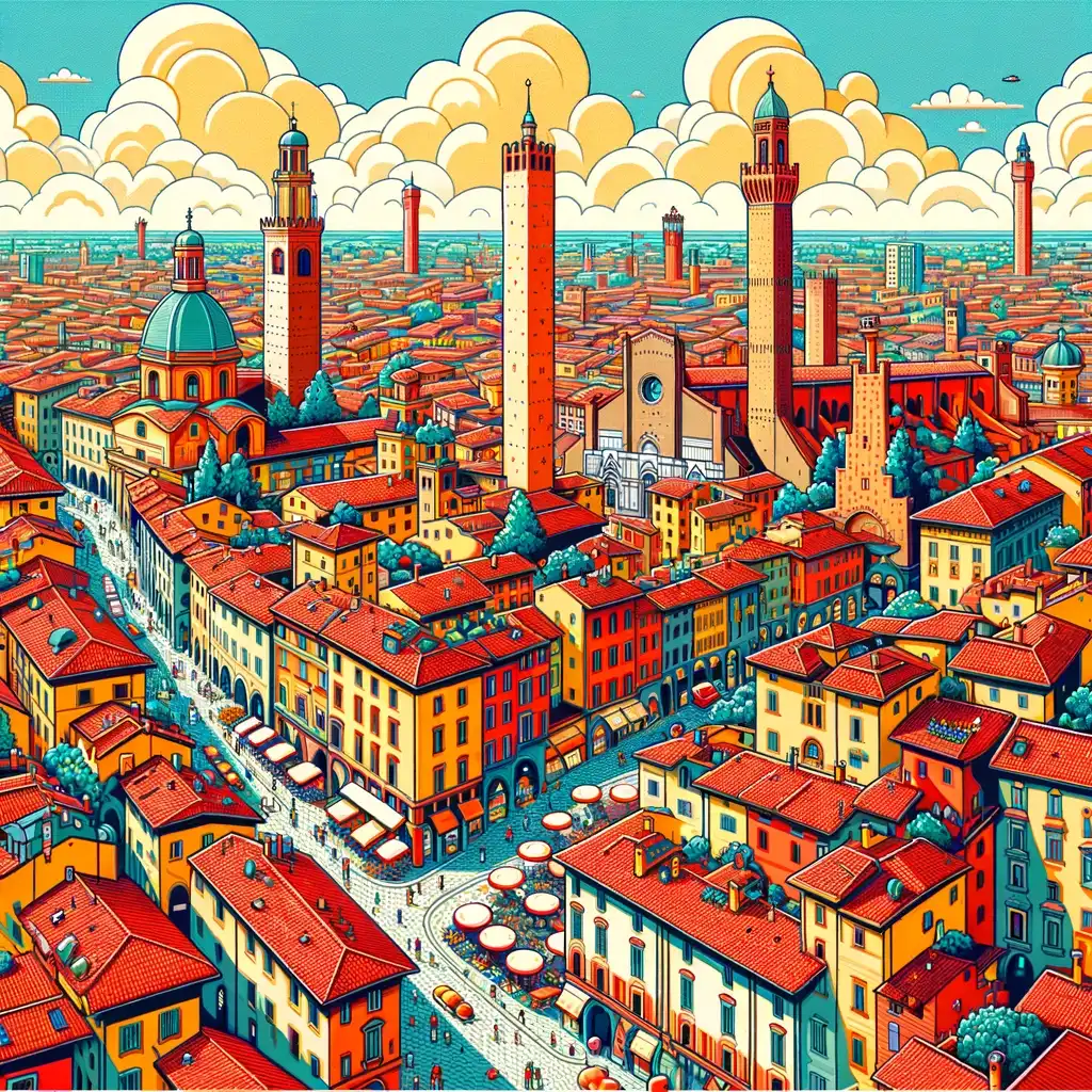 Vista panoramica di Bologna con i suoi caratteristici tetti rossi e torri storiche, perfetta per rappresentare la ricca offerta culturale e enogastronomica della città.