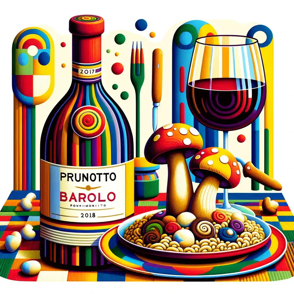 Bottiglia di Prunotto Barolo 2018 accanto a un piatto di risotto ai funghi porcini.