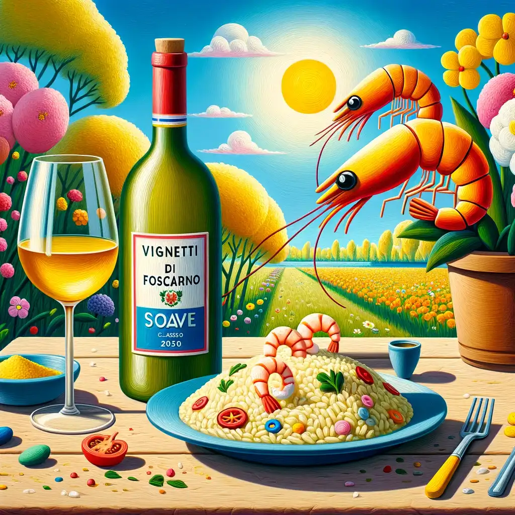 Bottiglia di Vigneti di Foscarino Soave Classico 2020 accanto a un piatto di risotto agli scampi.