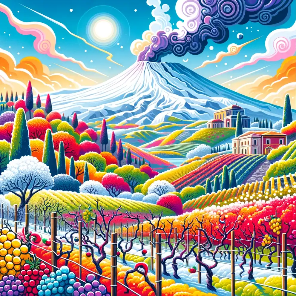 Una vista panoramica dei vigneti ai piedi del Monte Etna in inverno, con il vulcano che domina lo sfondo. Realizzato nello stile dell'arte naïf.