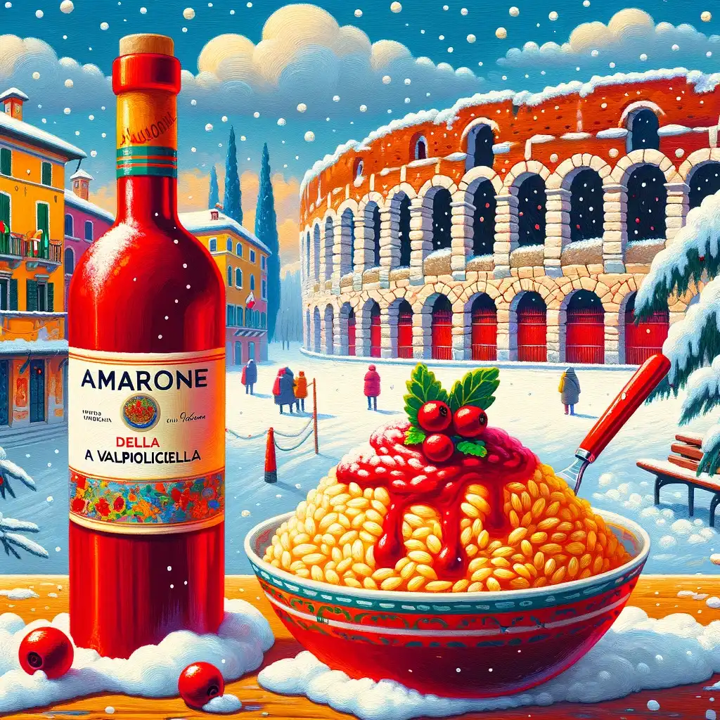 Bottiglia di Amarone della Valpolicella con un piatto di risotto all'Amarone in un'atmosfera invernale veronese.