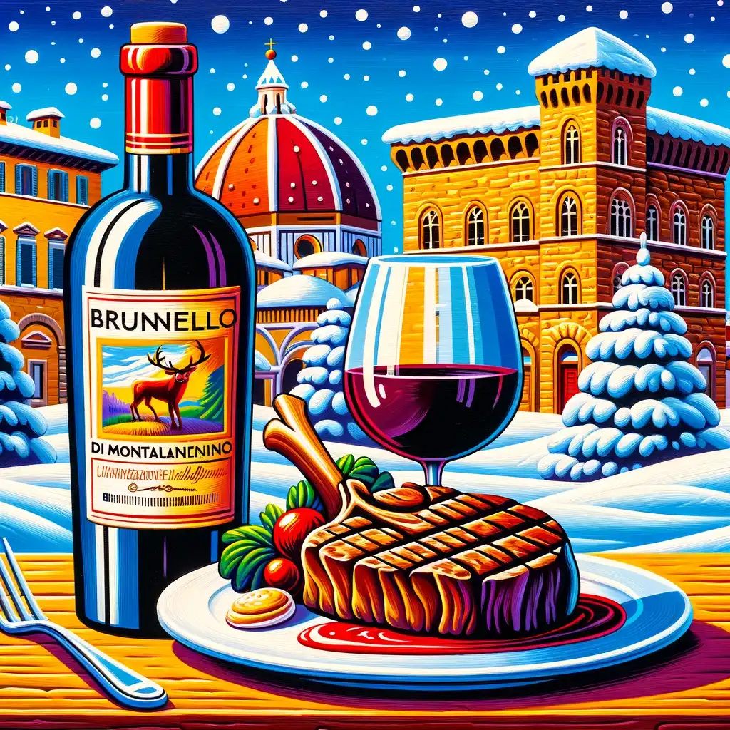 Bottiglia di Brunello di Montalcino con un piatto di bistecca alla fiorentina in un'atmosfera invernale toscana.