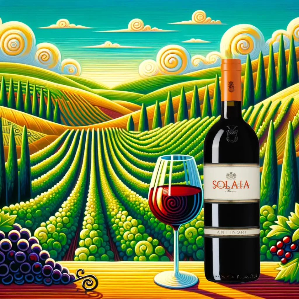 Bottiglia di Solaia 2020 Antinori e sullo sfondo le colline toscane.