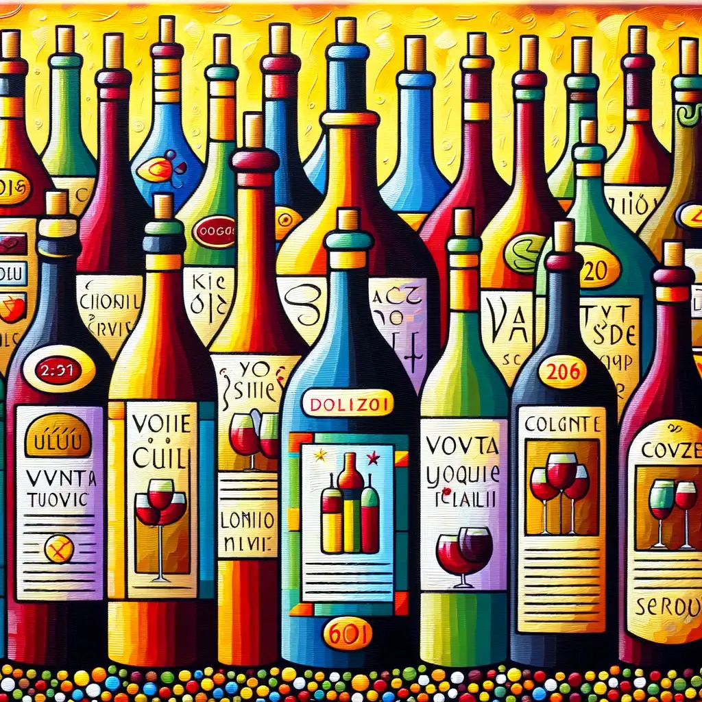 Immagine in stile Naïf che raffigura bottiglie di vino con etichette dettagliate e informative. Le bottiglie sono rappresentate in modo semplice ma giocoso, con etichette colorate e accattivanti che includono piccole illustrazioni o disegni.