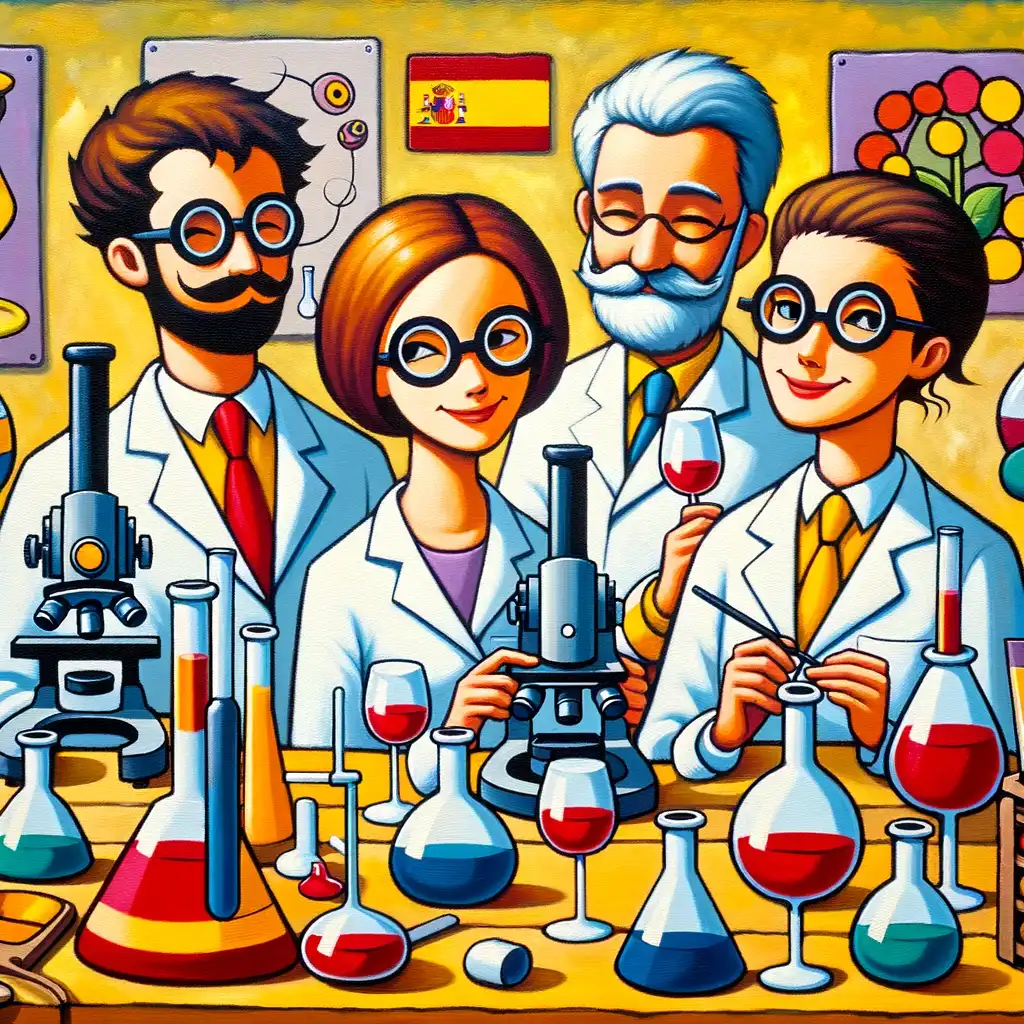 Immagine in stile Naïf che raffigura ricercatori spagnoli in laboratorio mentre studiano il vino.