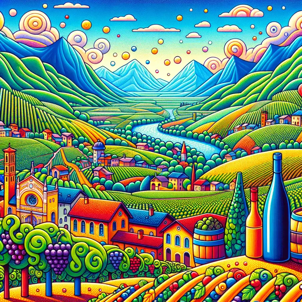 These vibrant illustrations showcase the picturesque landscape of the Collio. The scenes include rolling hills covered in lush vineyards, stylized grapevines, wine bottles, and barrels, set against a background that reflects the region's natural beauty. The overall atmosphere is joyful and inviting, capturing the essence and allure of the Collio wine region in a colorful and imaginative way.