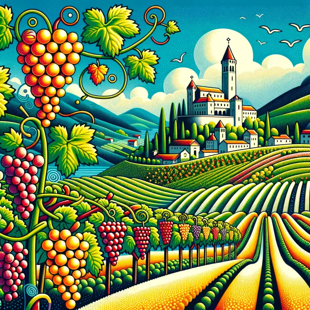 Naive Art style images depicting the delicate vineyards of Soave with its castle in the distance.