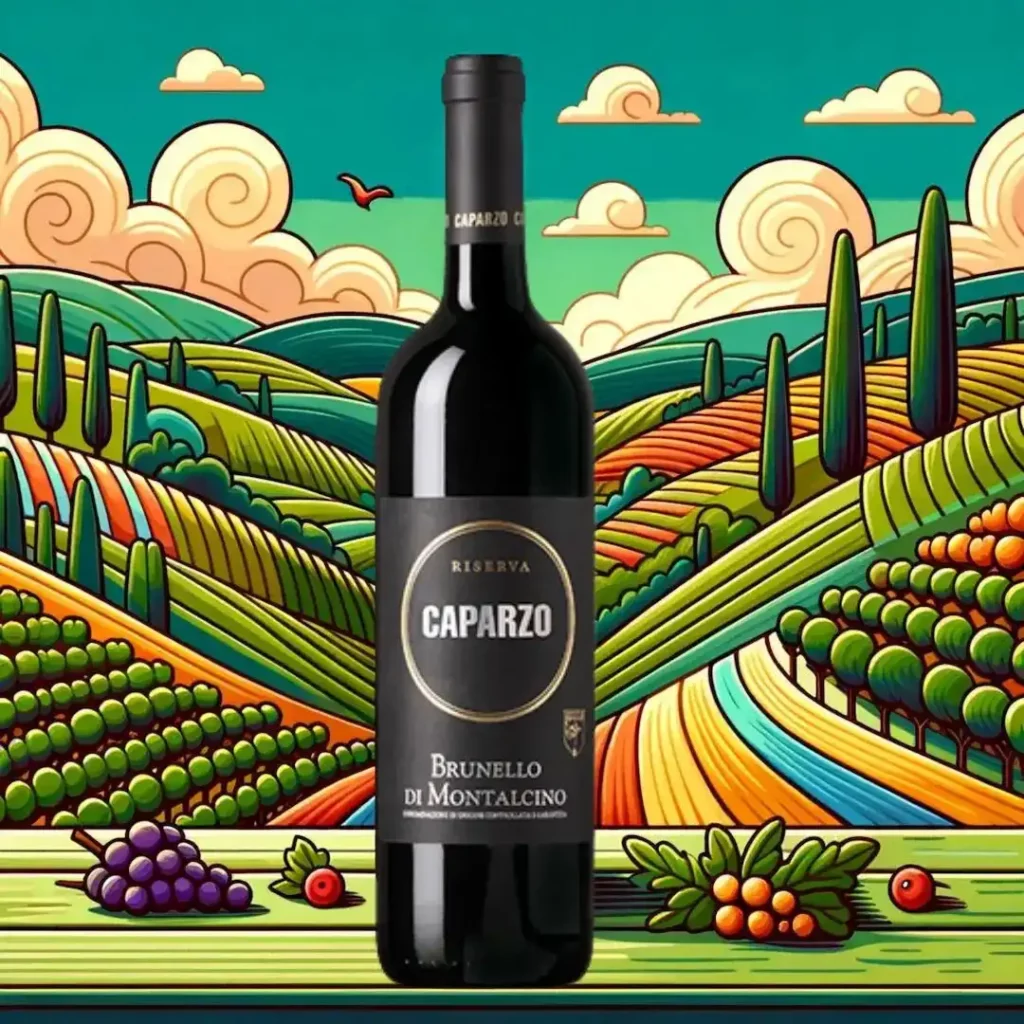 Bottiglia di Brunello di Montalcino DOCG Riserva Caparzo con sfondo di colline toscane.