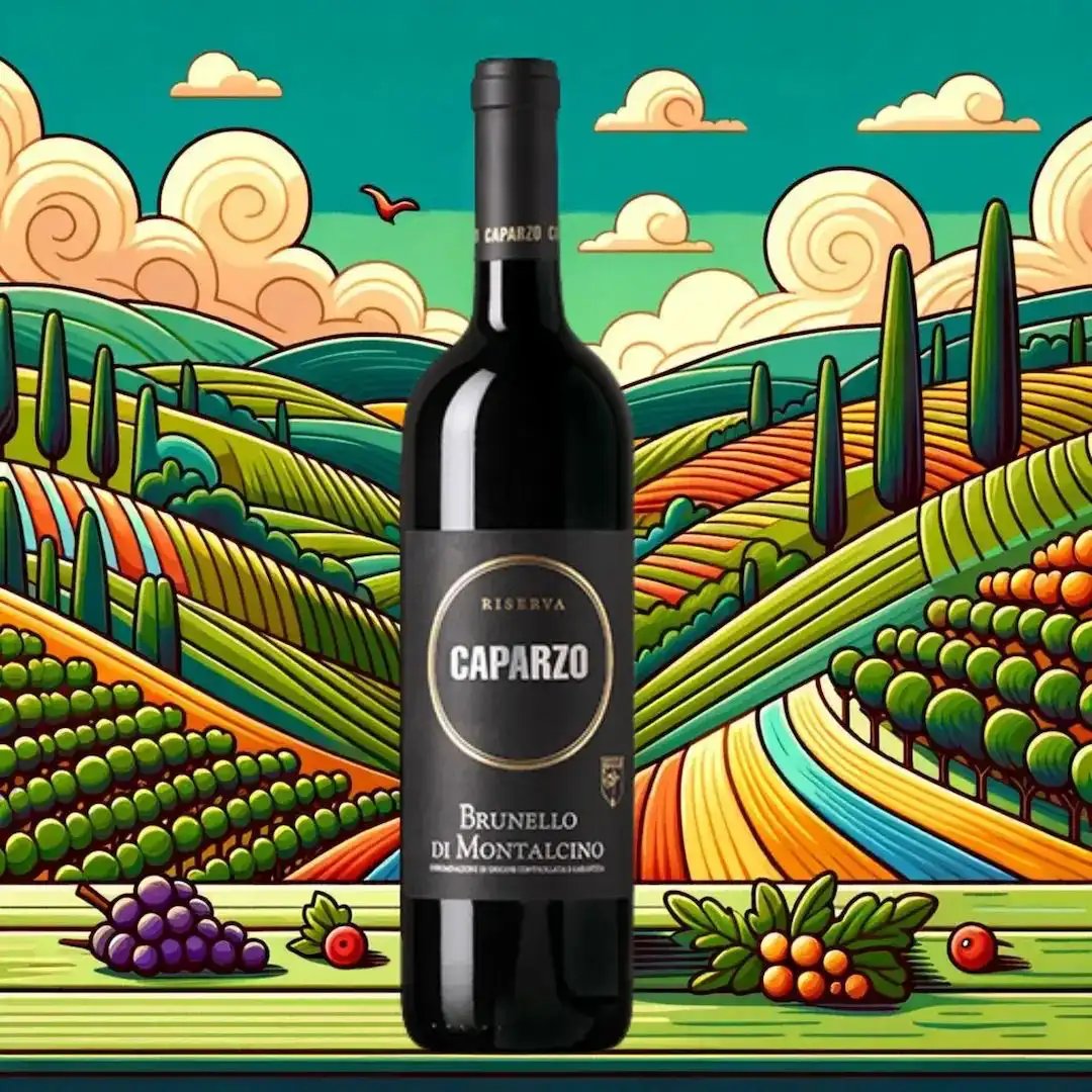 Bottiglia di Brunello di Montalcino DOCG Riserva Caparzo con sfondo di colline toscane.