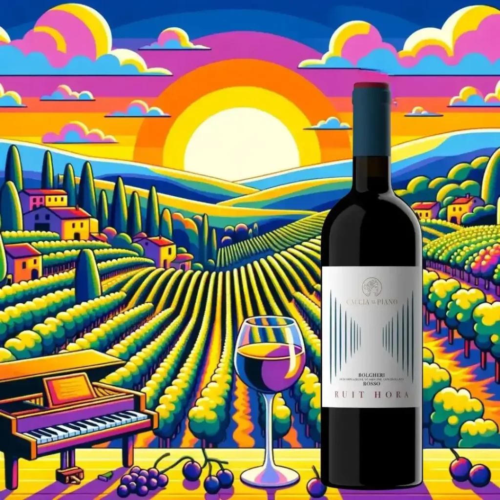 Panorama dei vigneti di Bolgheri al tramonto, con in primo piano una bottiglia di Ruit Hora Bolgheri DOC Rosso 2021 di Caccia al Piano, espressione della ricca tradizione vinicola della regione.