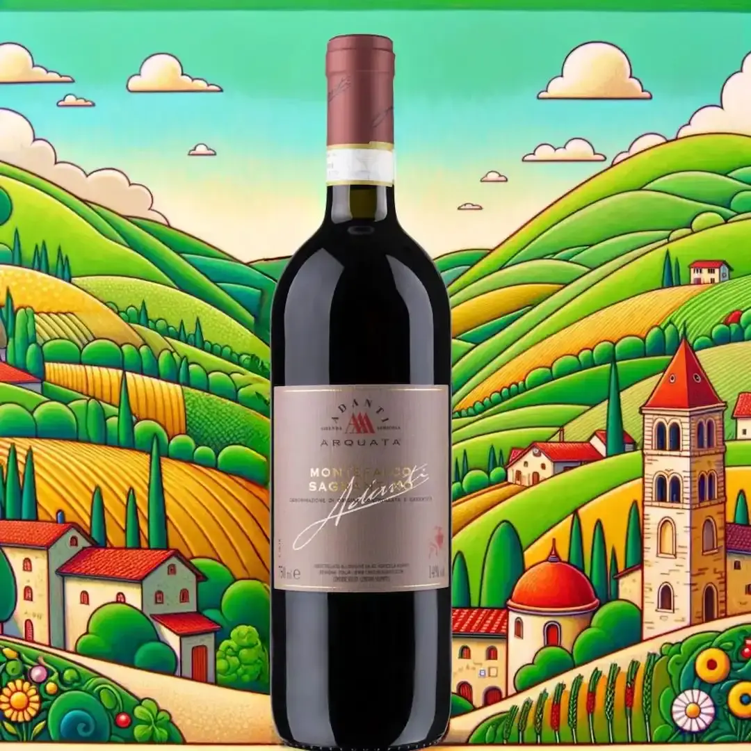 Bottiglia di Montefalco Sagrantino Docg con vista sulle verdi colline umbre, simbolo di qualità e tradizione vinicola