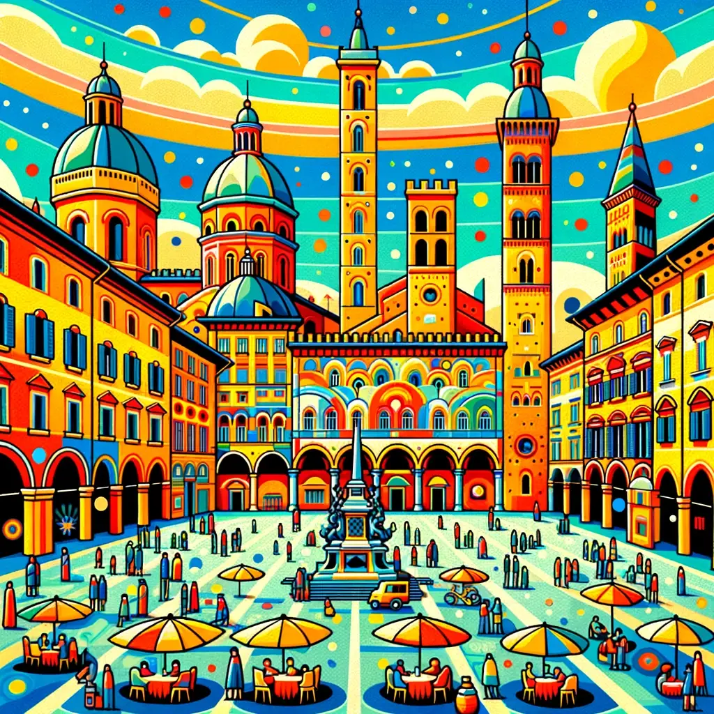 Vista artistica di Piazza Maggiore a Bologna, con i suoi famosi edifici storici e la vivace atmosfera di incontro tra cittadini e visitatori, simbolo della ricca eredità culturale della città.