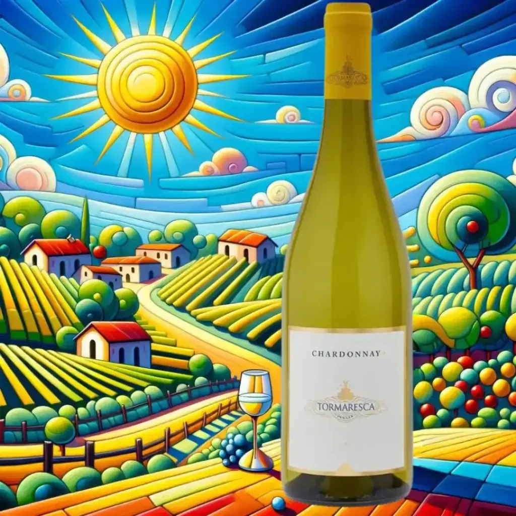 Vigneto al tramonto simbolo della cantina Antinori, con in primo piano una bottiglia di Chardonnay 2022 Puglia IGT di Antinori, rappresentazione dell'eccellenza e della tradizione vinicola italiana.