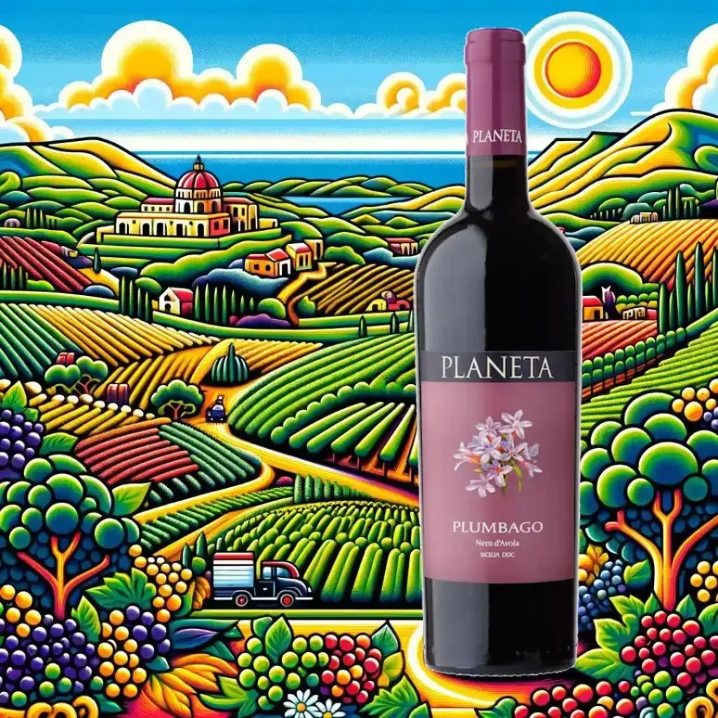 Vigneti al tramonto in Sicilia con in primo piano una bottiglia di Plumbago Menfi D.O.C. nero d'Avola di Planeta.