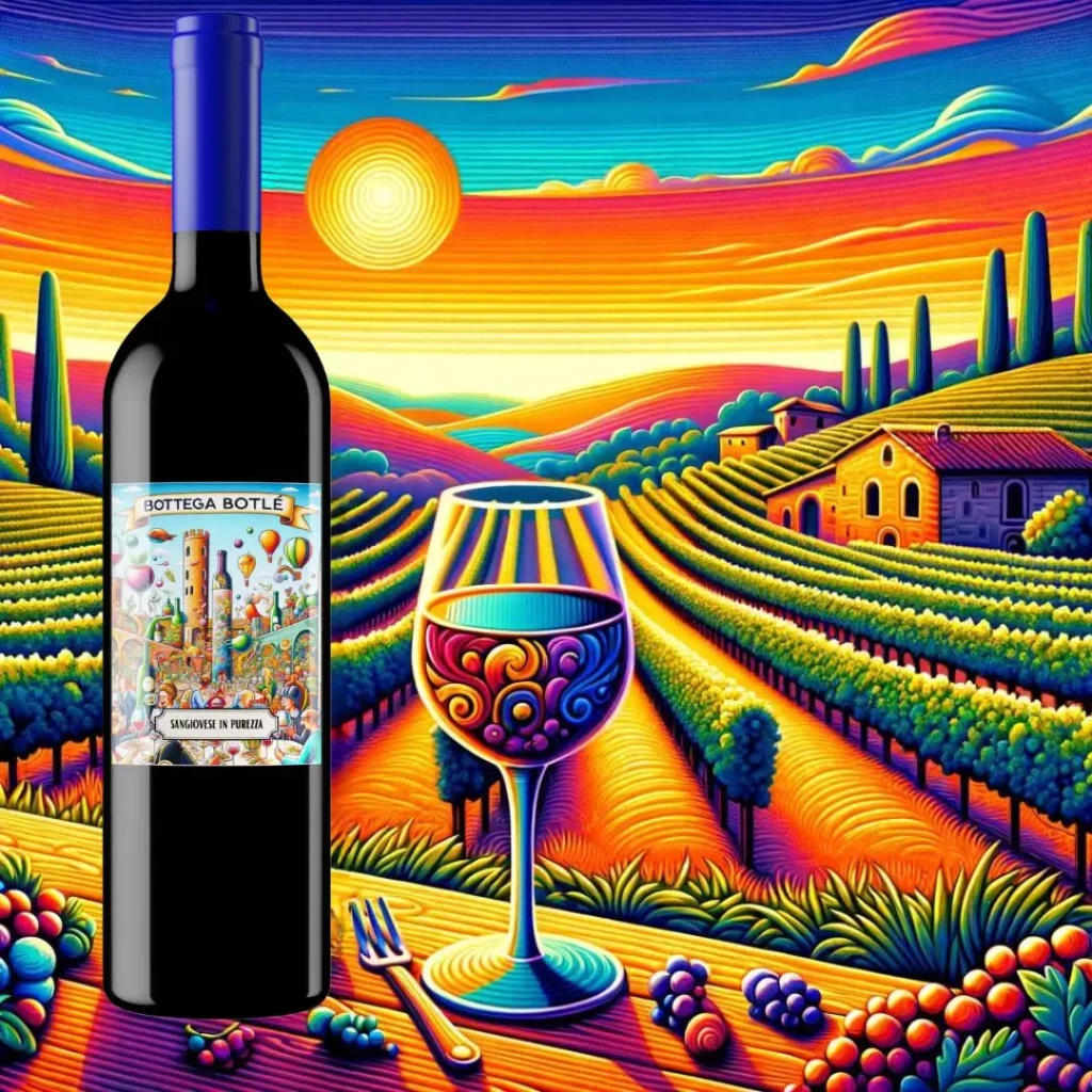 Vigneto al tramonto in Toscana, con un calice di Sangiovese Classico di La Casetta in primo piano, espressione dell'eccellenza vinicola della regione.