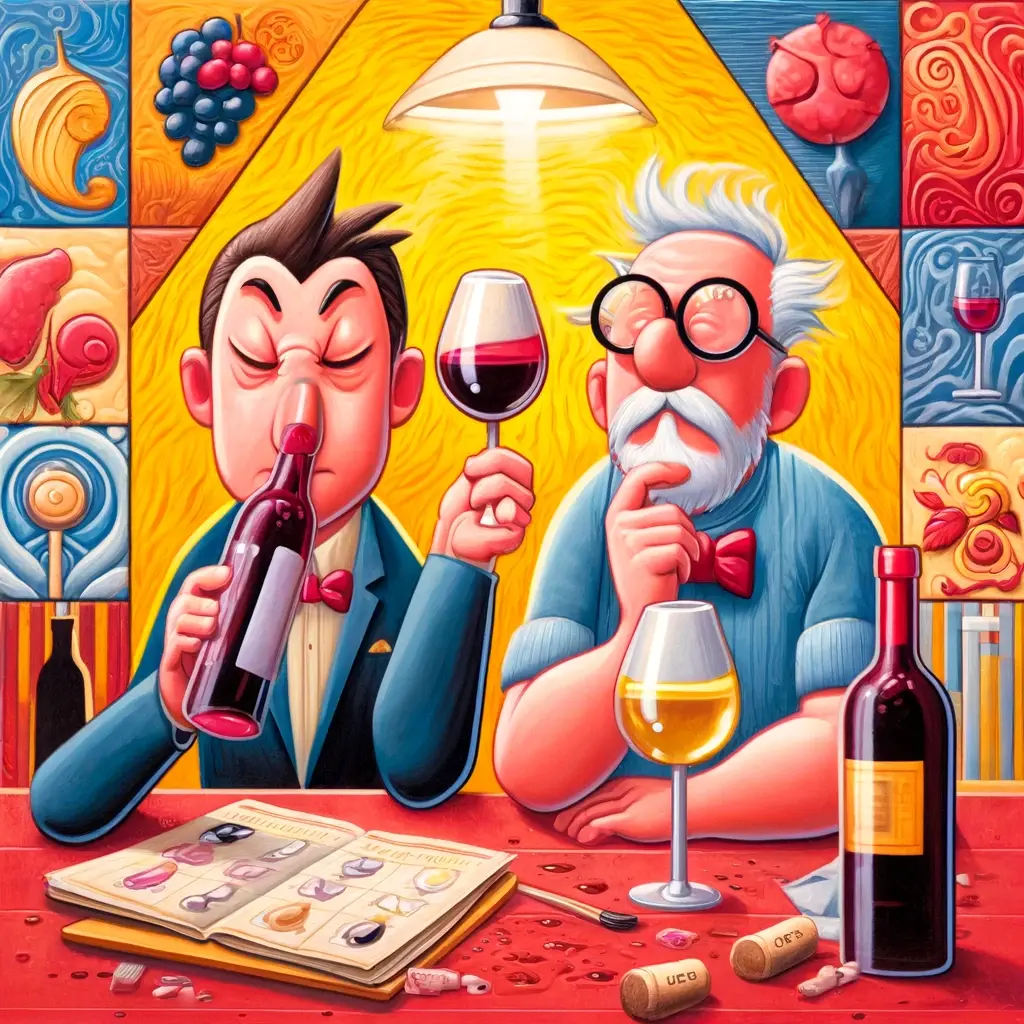 L'illustrazione raffigura scene fantasiose di personaggi intenti a degustare vini, ognuno dei quali dimostra un diverso difetto comune del vino.